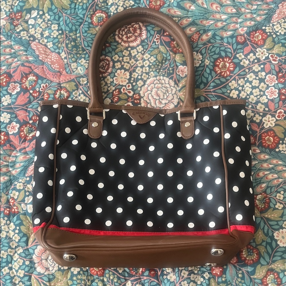 Callaway Uptown Black Polka Dot Tote with Brown and Red Accents